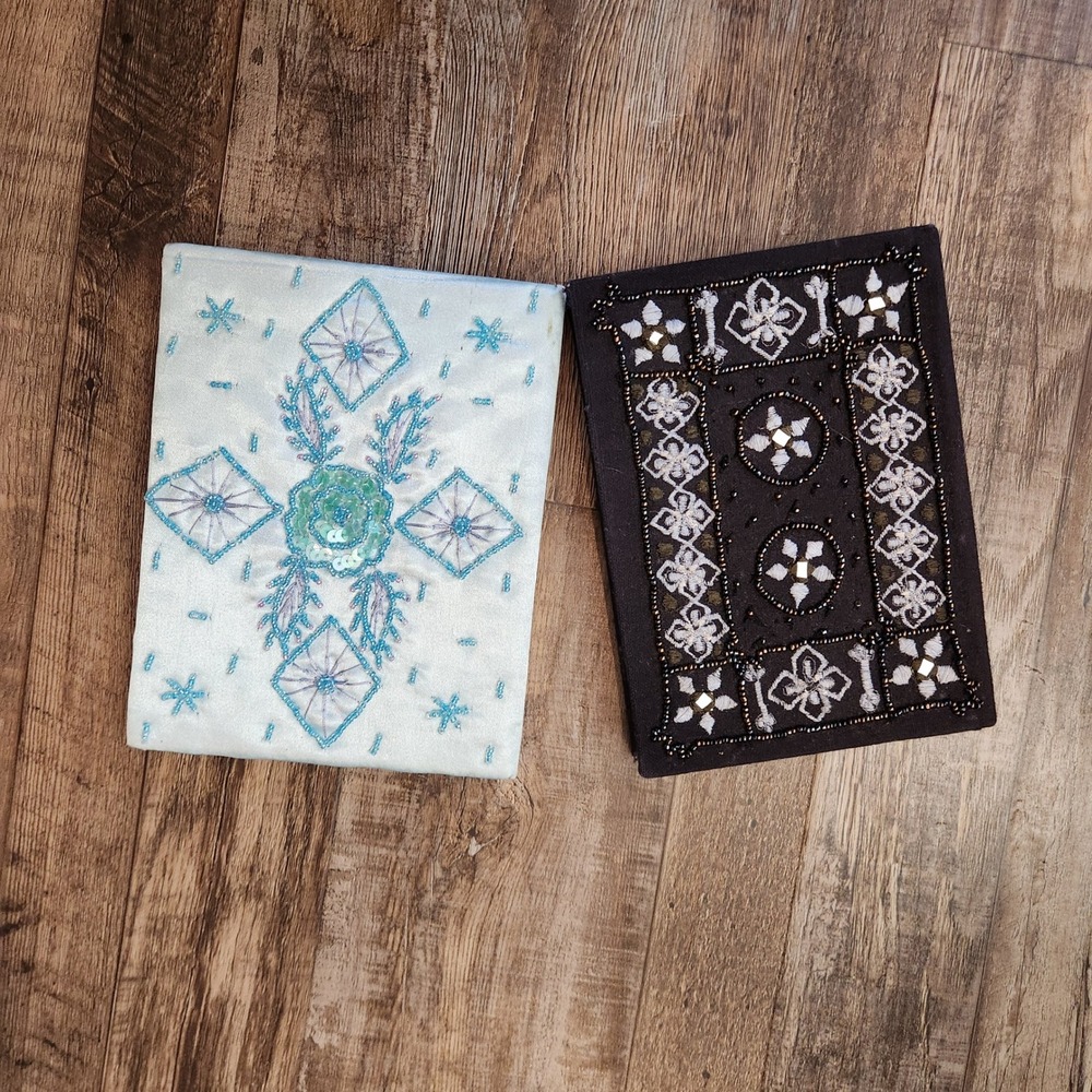 Vintage Style Beaded Embroidered Fabric Journal Set‎ Gray Blue 2pc Blank Pages
